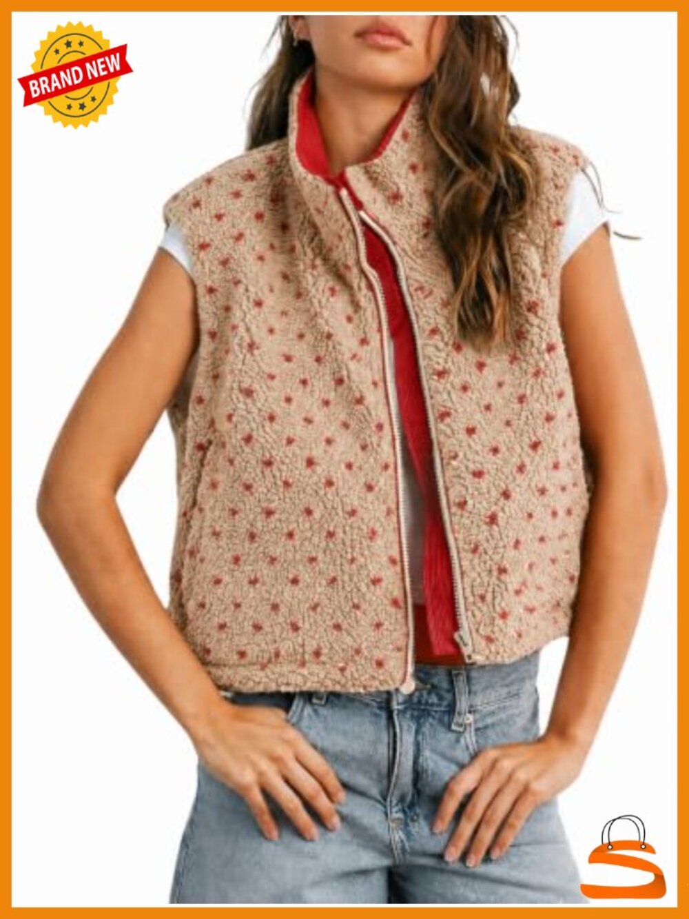 Womens Sherpa Fleece Vest Polka Dot Sleeveless Zip Up Casual Layer